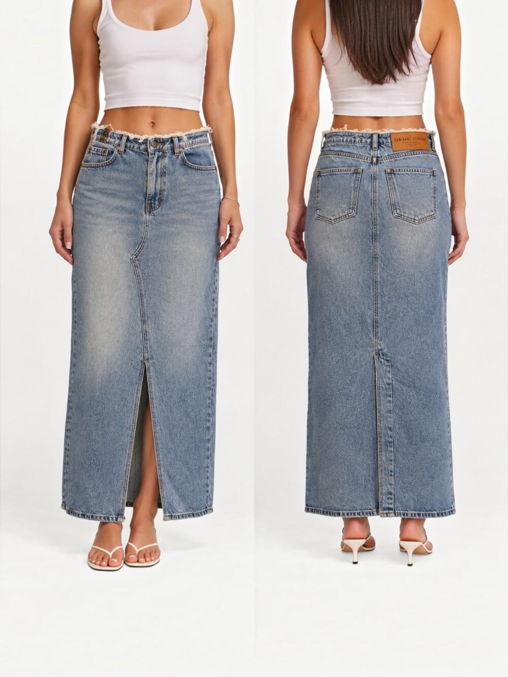 Dominnans Strävän Distressed Denim Maxi Skirt Front Slit S
